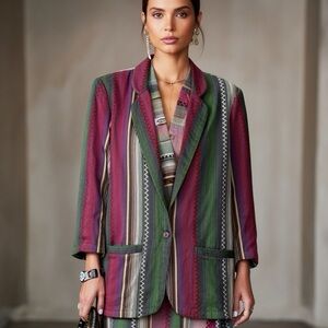 Vintage 90s Angelique Imp NYC Multicolor Striped Cotton Boho Blazer Jacket
